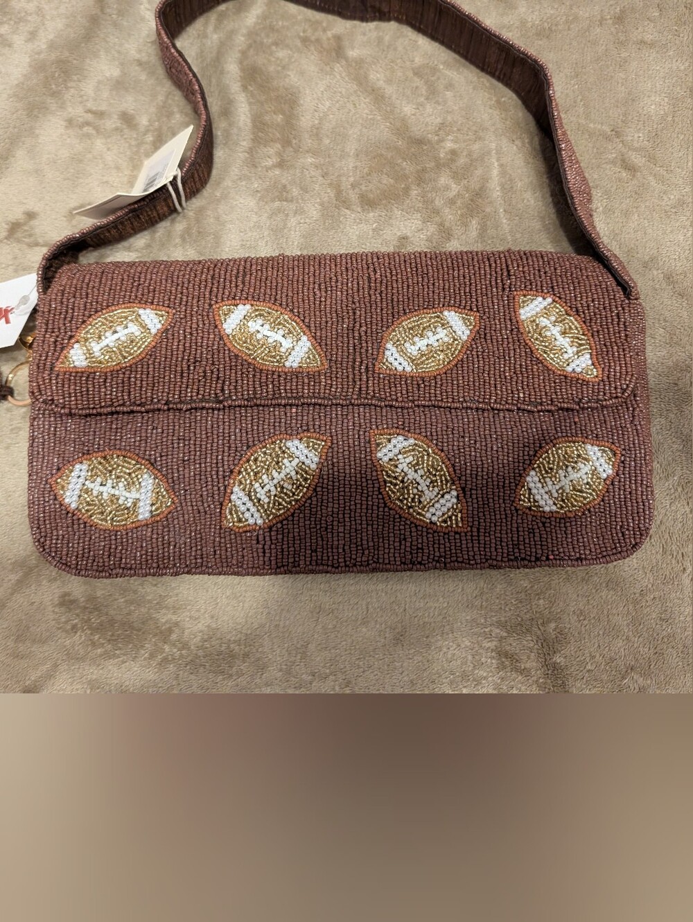 Beaded Chocolate Brown Football Pattern Shoulder Bag